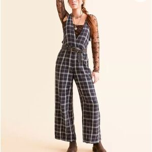 Free People Plaid Jumpsuit Trouser Leg Adjustable Strap Menswear Inspired